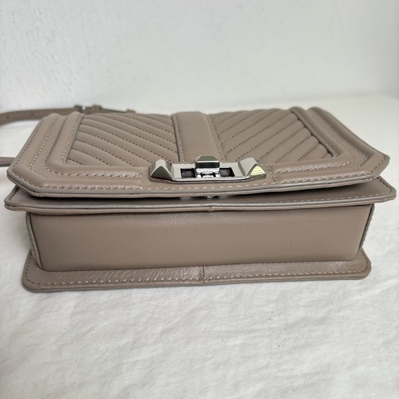 REBECCA MINKOFF Chevron Quilted Small Love Crossbody Leather Bag Taupe Sandrift - Picture 10 of 17